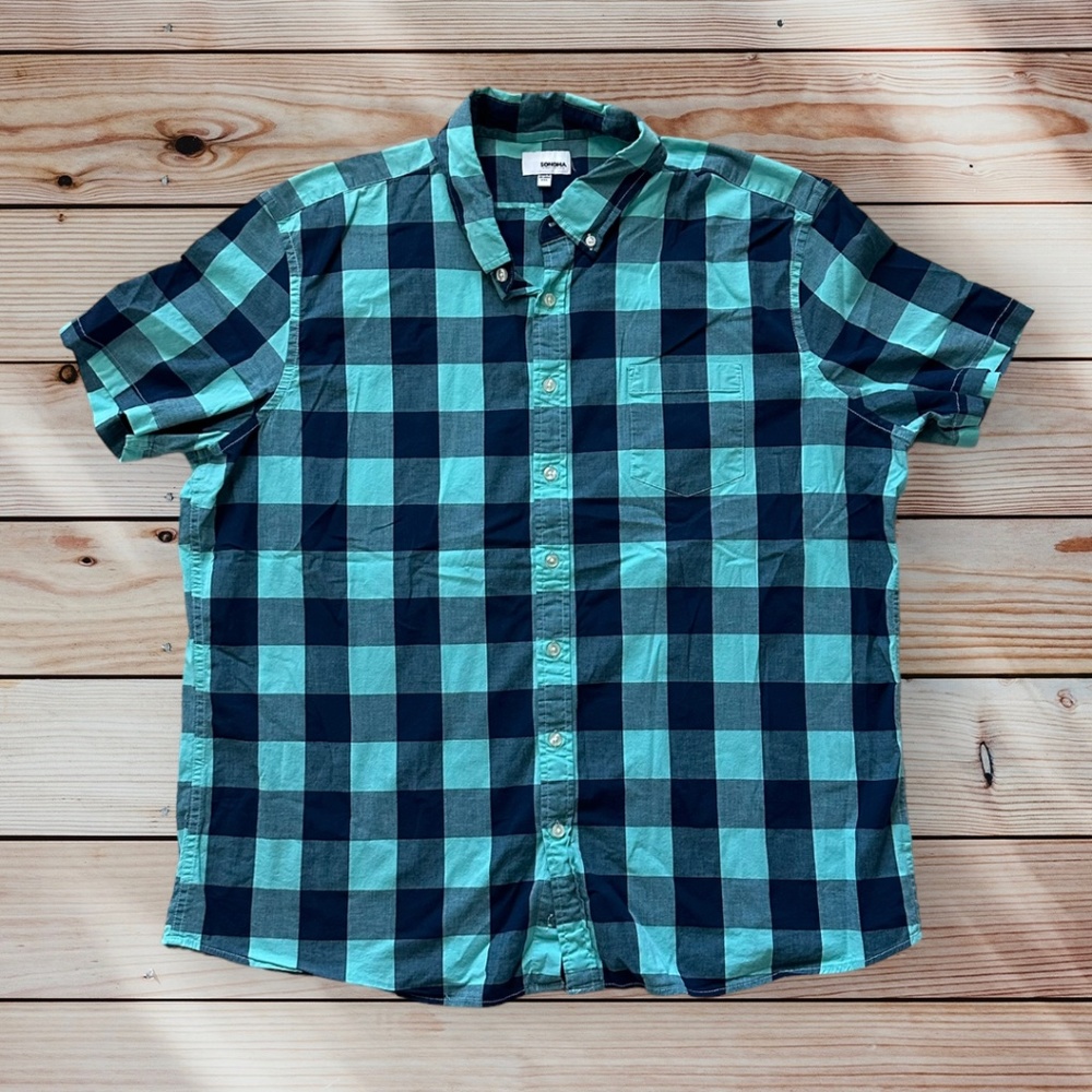 Men's Sonoma XXL Short Sleeve Turquoise/Navy Plaid Casual Button Down Shirt